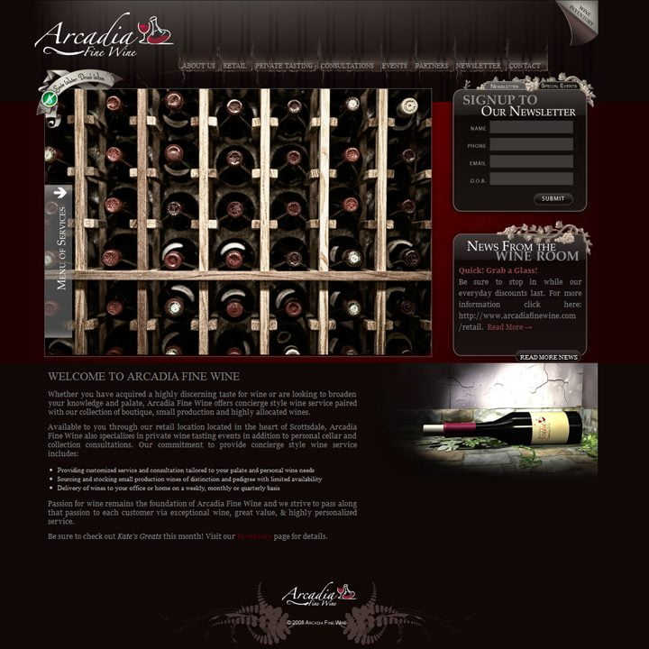 Arcadia Fine Wine | Phoenix Website Design | Graphic, Print, Logo, and Website Design Solutions serving locally for Tempe Arizona and Phoenix Valley Cities