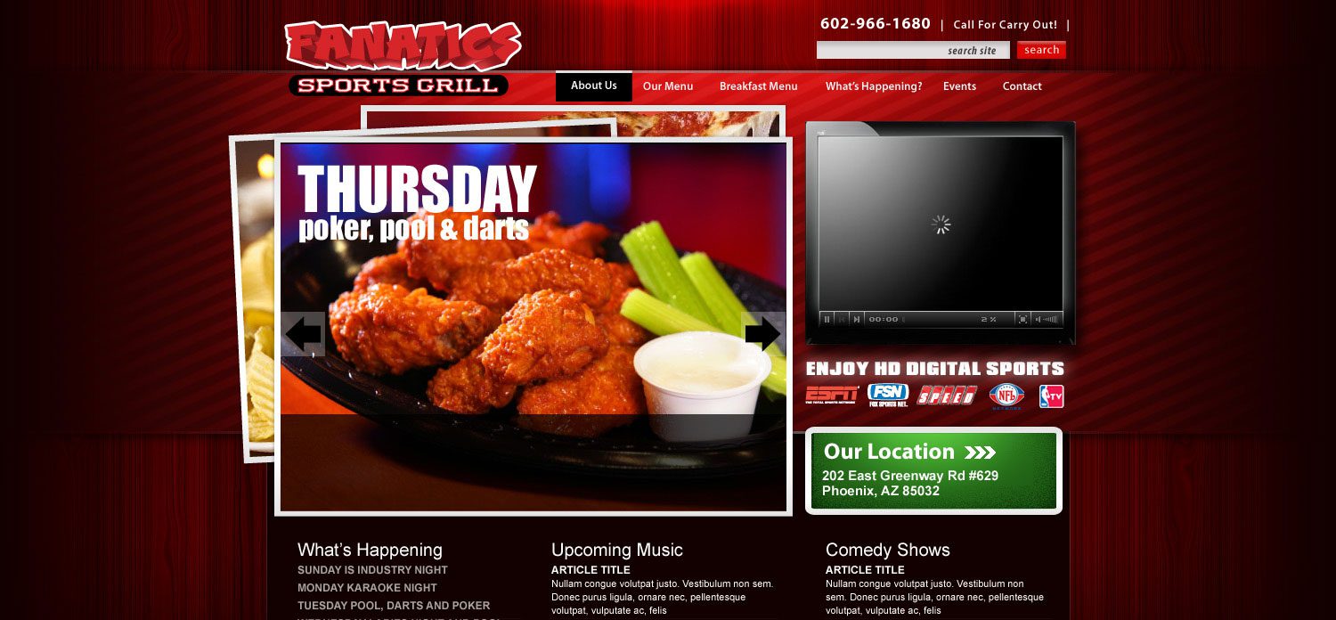 Fanatics Sports Bar | Homepage Portfolio | Graphic, Print, Logo, and Website Design Solutions serving locally for Tempe Arizona and Phoenix Valley Cities