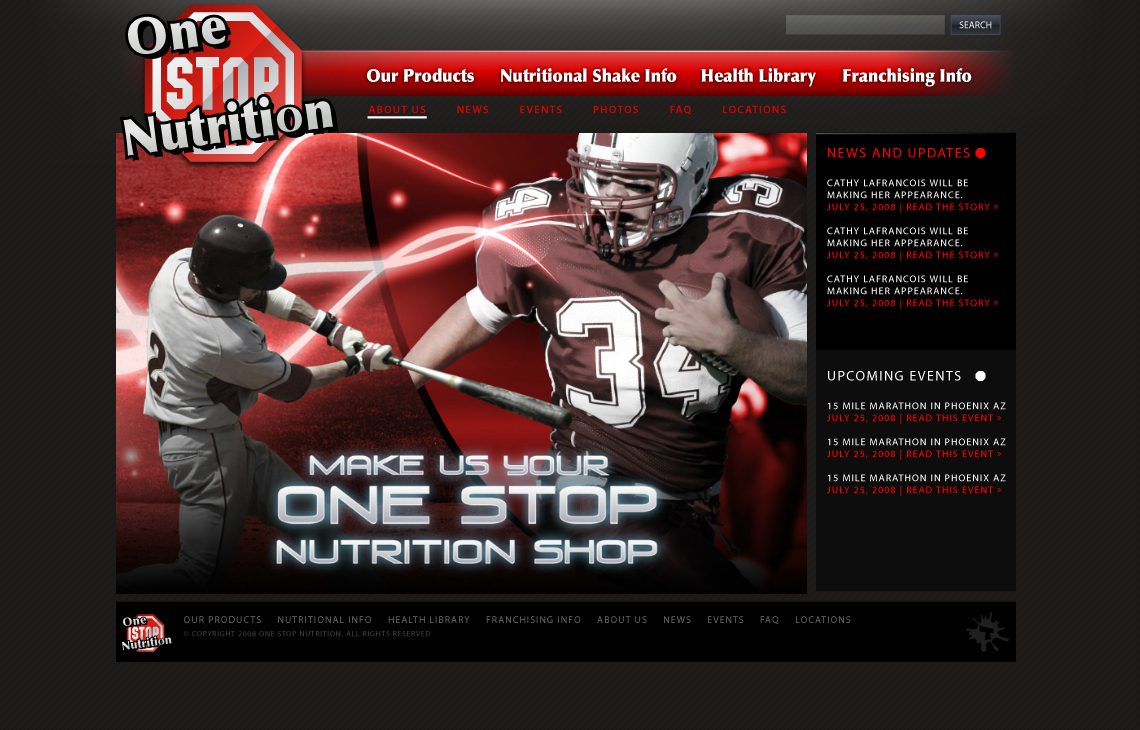 One Stop Nutrition | Homepage Portfolio | Graphic, Print, Logo, and Website Design Solutions serving locally for Tempe Arizona and Phoenix Valley Cities